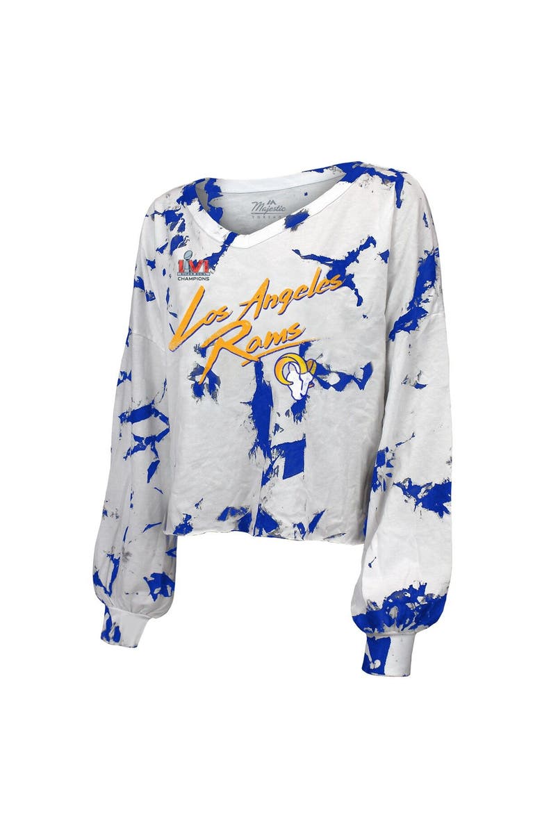 Majestic Threads Women's Majestic Threads Matthew Stafford Royal/White Los Angeles Rams Super Bowl LVI Champions Off-Shoulder Tie-Dye Name & Number Long Sleeve V-Neck T-Shirt, Alternate, color,