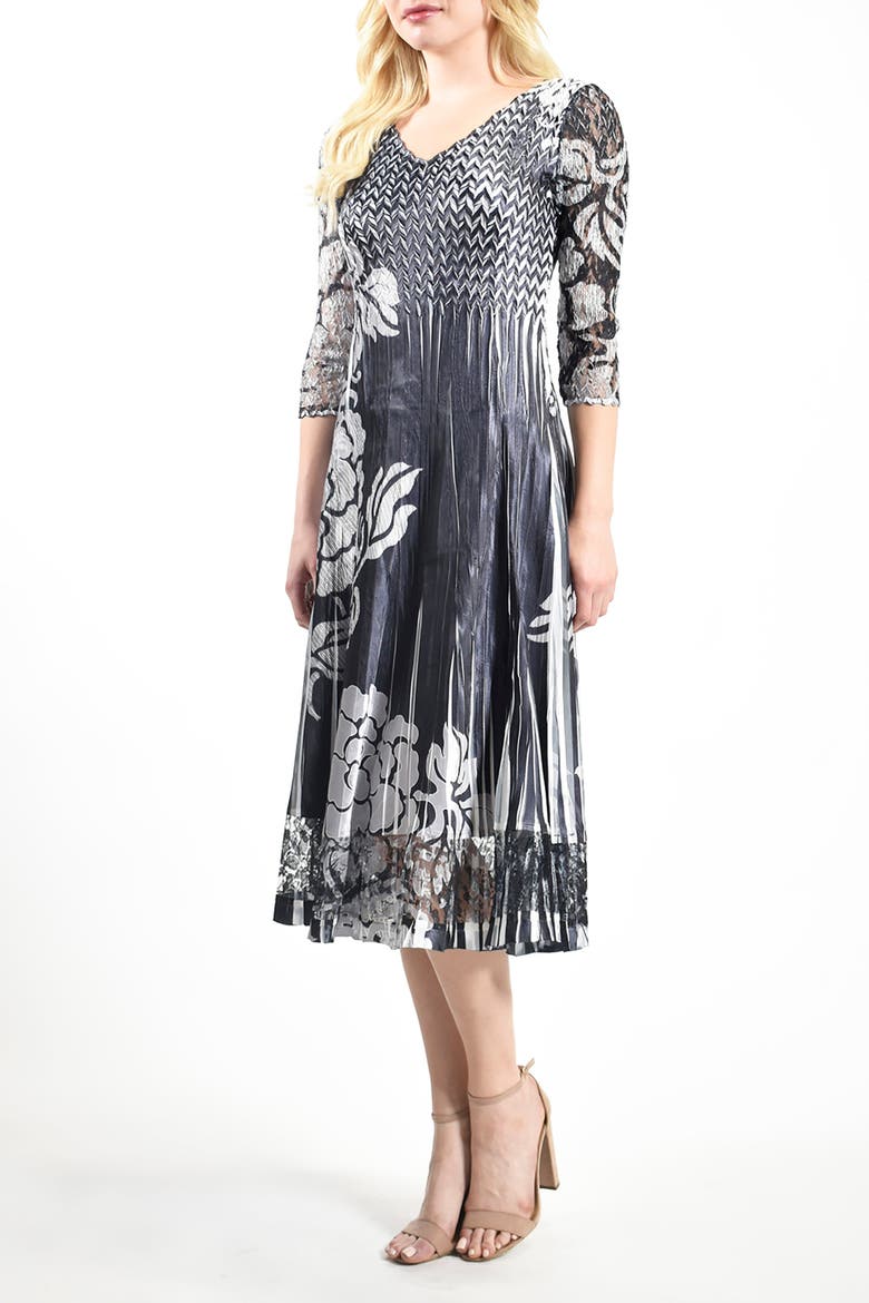 Silver Stencil Printed Charmeuse 3/4 Sleeve Dress, Alternate, color, Black/Silver Brocade