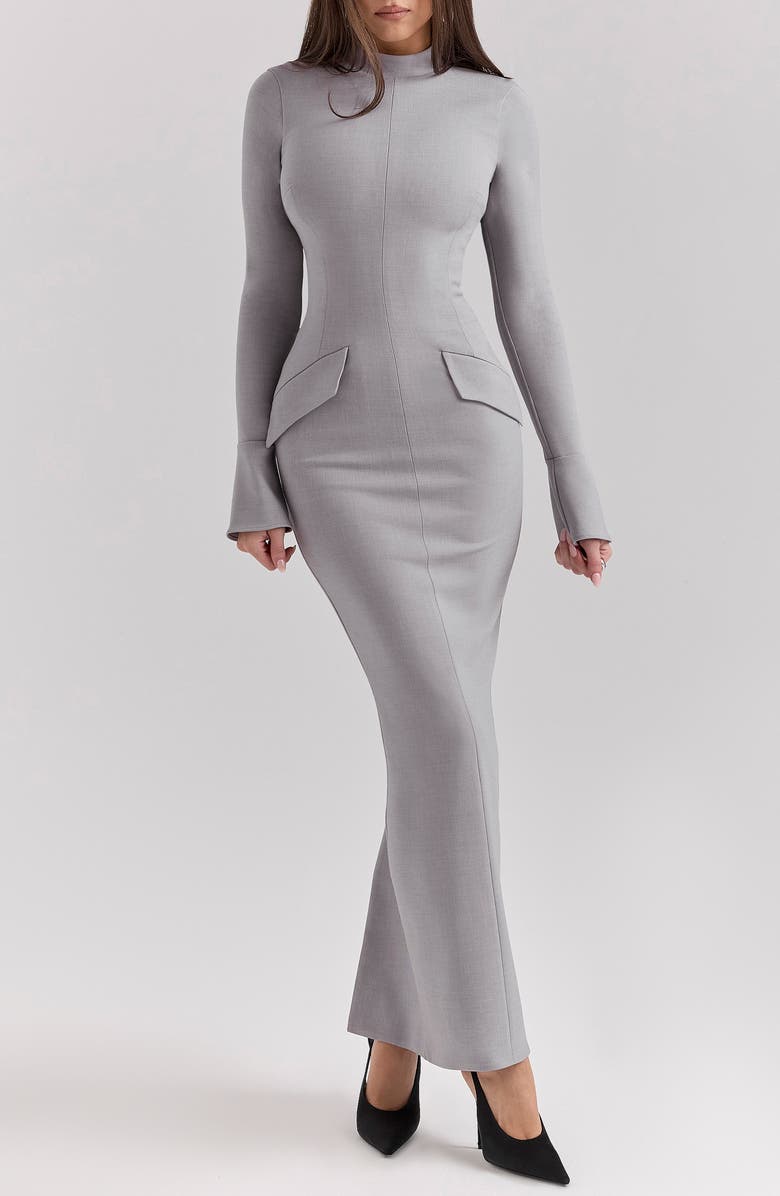 HOUSE OF CB Marie Louise Mock Neck Long Sleeve Maxi Dress, Alternate, color, Light Grey Melange