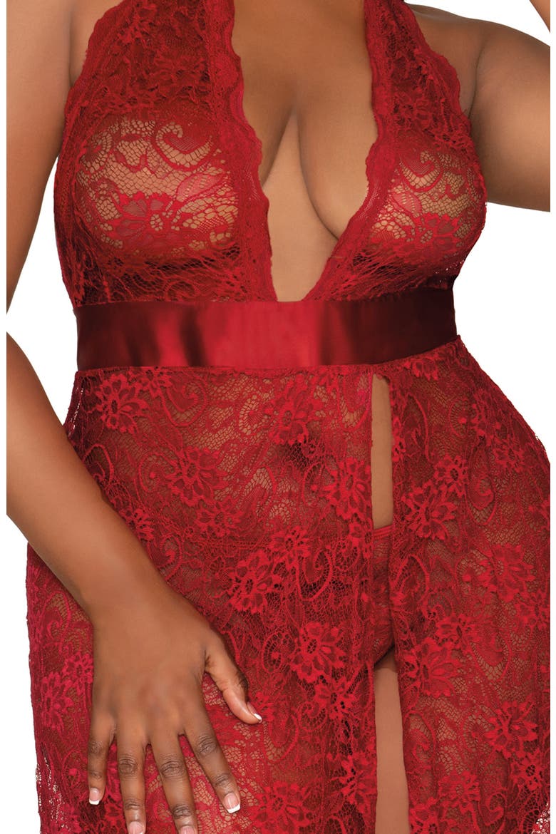 Lace Halter Nightgown & G-String Set, Alternate, color, GARNET