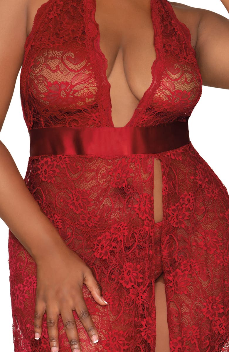 Dreamgirl Lace Halter Nightgown & G-String Set, Alternate, color, Garnet