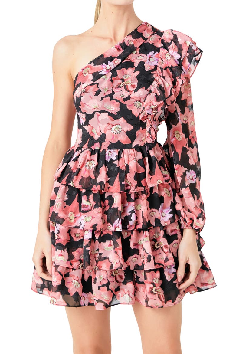Floral One-Shoulder Single Long Sleeve Chiffon Minidress, Alternate, color, BLACK/ PINK