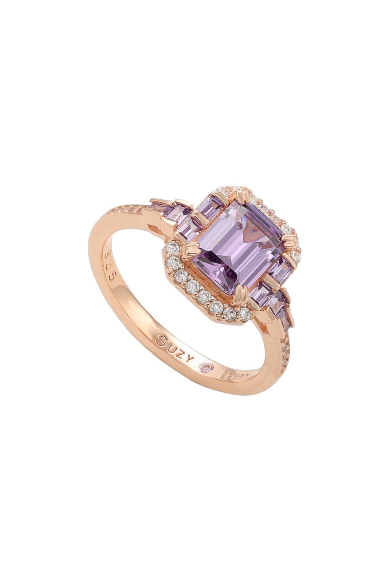 Rose Gold Plated Sterling Silver Emerald CZ Ring, Main, color, PURPLE