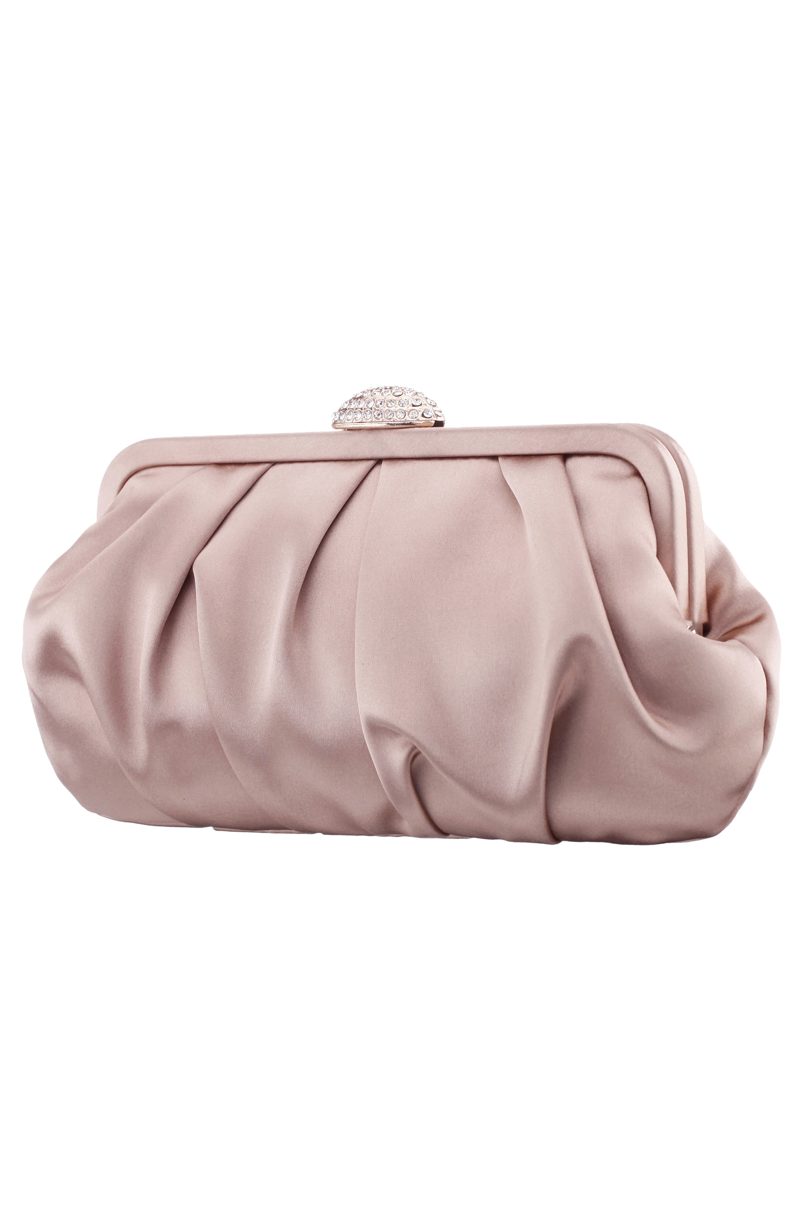 Concord Pleated Satin Frame Clutch, Alternate, color, HONEY