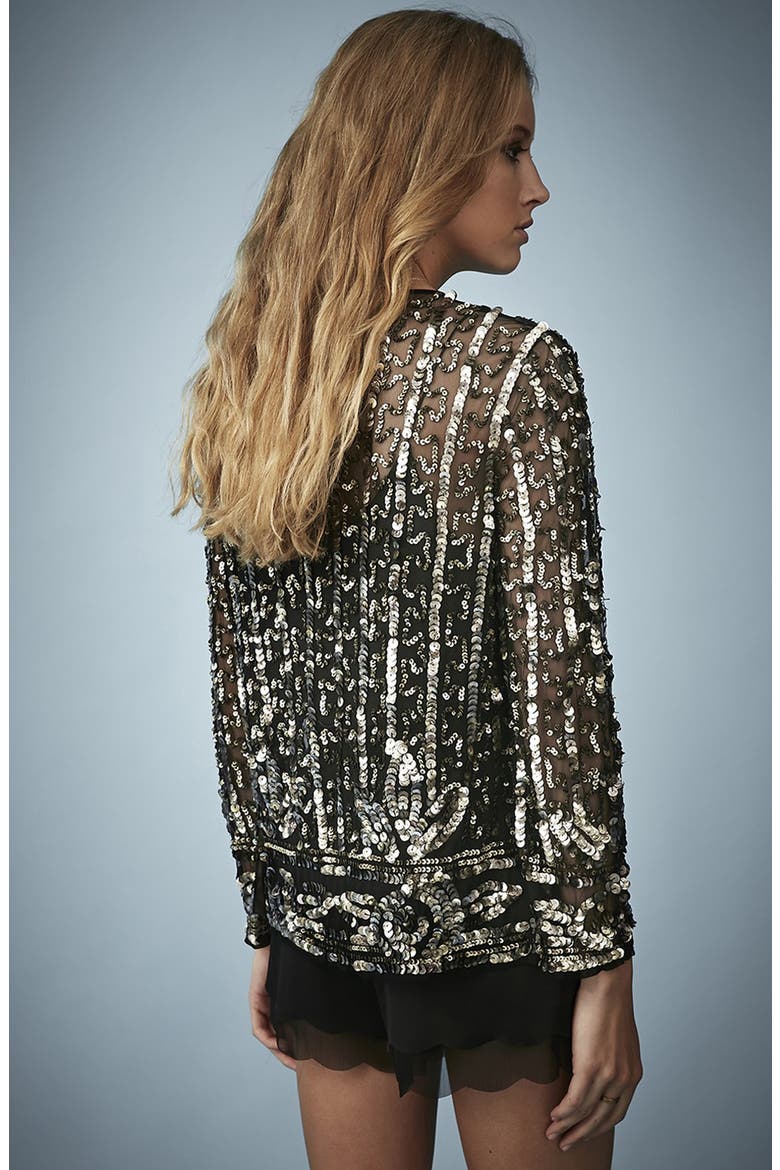Kate Moss for Topshop Sequin Embellished Mesh Jacket, Alternate, color, GOLD