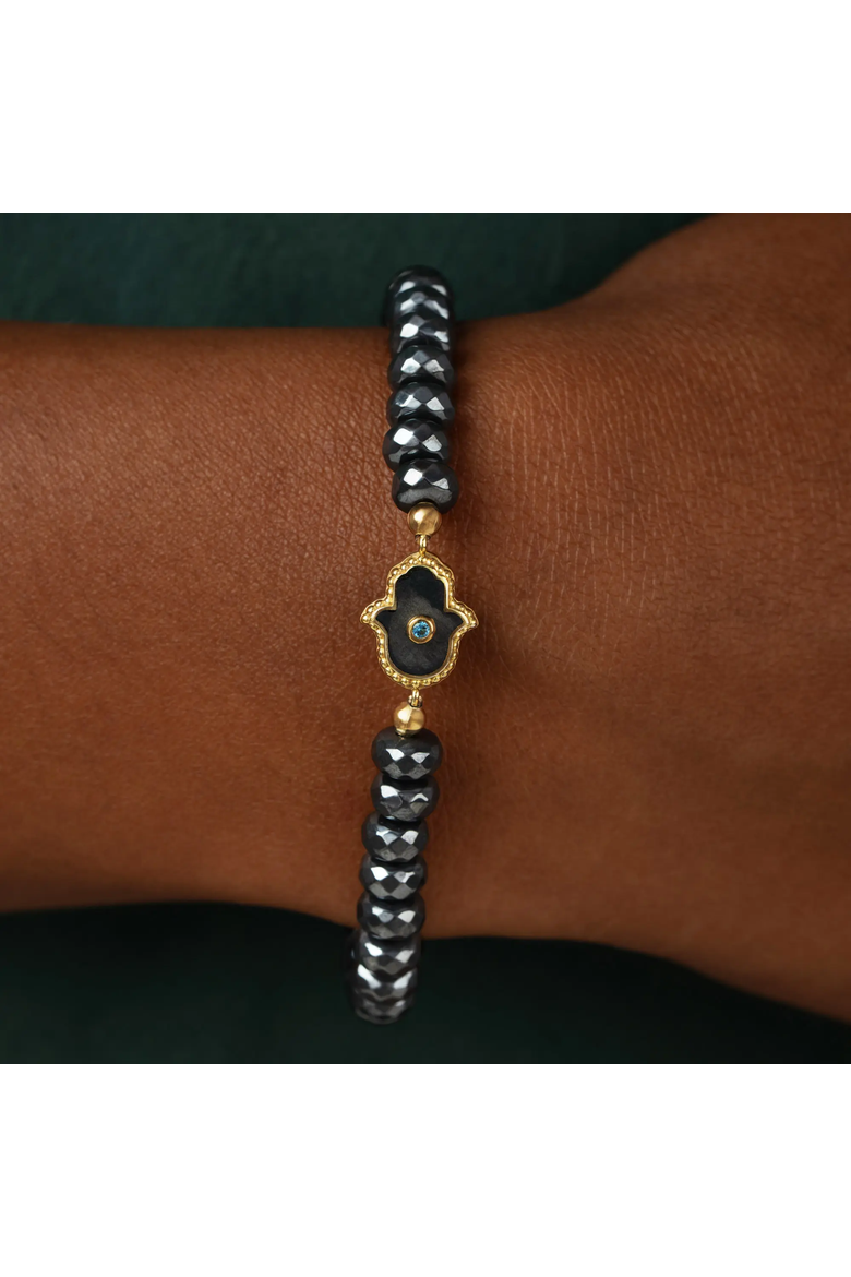 Guardian Spirit Hematite & Aquamarine Hamsa Bracelet, Alternate, color, Grey/Gold
