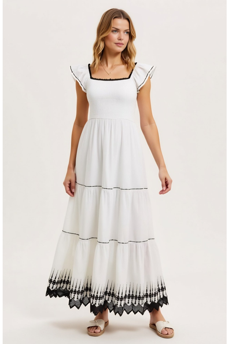 Smocked Bodice Tiered Flutter Sleeve Embroidered Hem Maxi Dress, Alternate, color, White / Black Trim