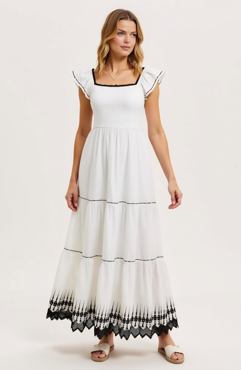 Modenaire Smocked Bodice Tiered Flutter Sleeve Embroidered Hem Maxi Dress, Alternate, color, White / Black Trim