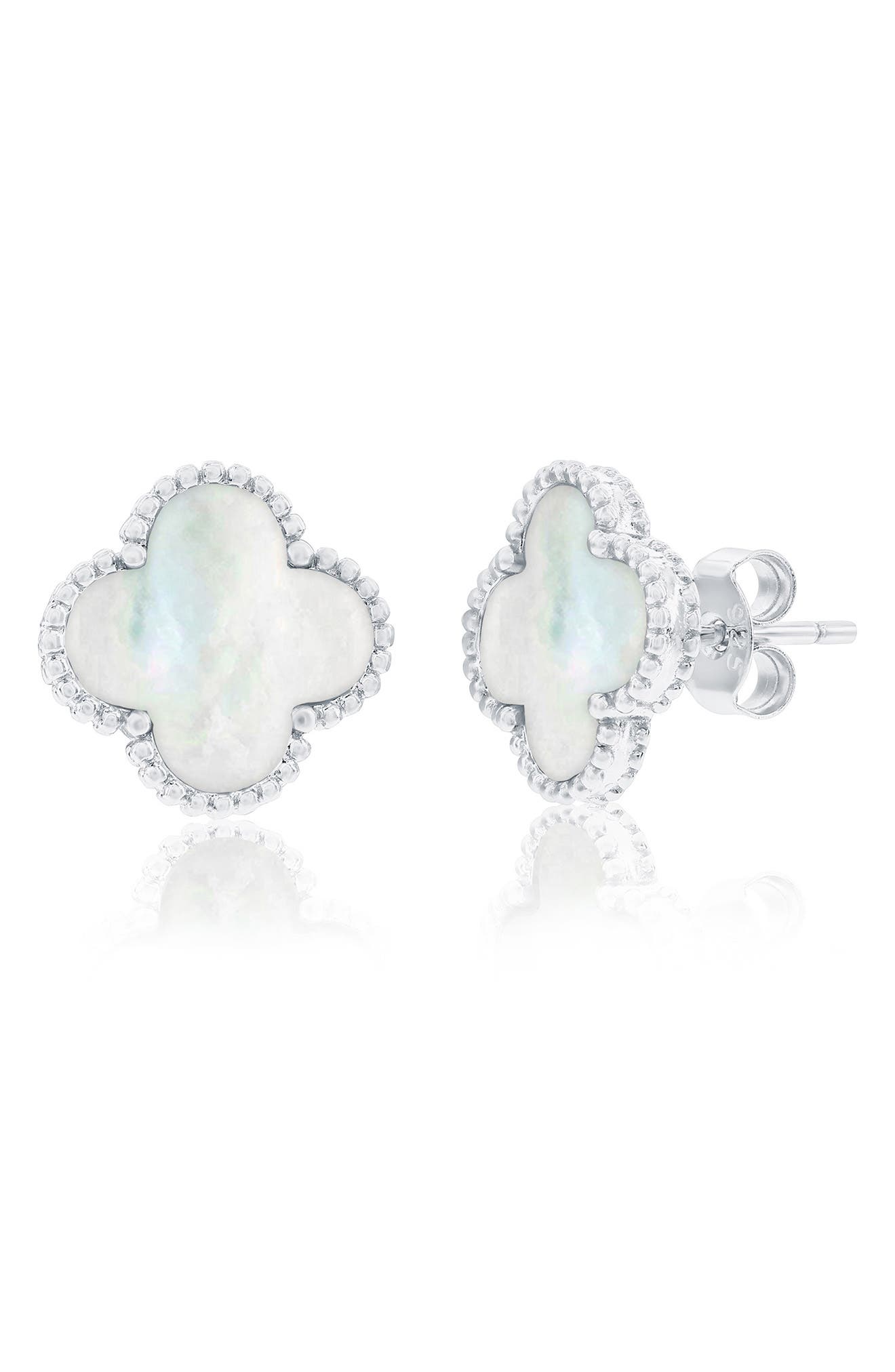 SIMONA Mother-of-Pearl Clover Milgrain Halo Stud Earrings