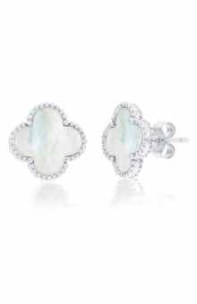 SIMONA Mother-of-Pearl Clover Milgrain Halo Stud Earrings