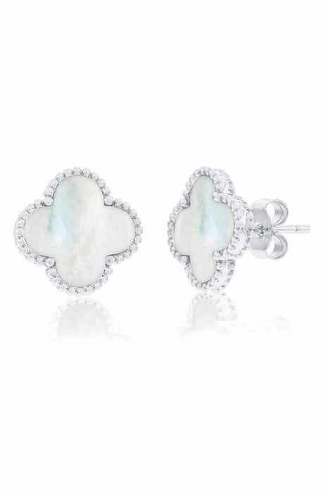 SIMONA Mother-of-Pearl Clover Milgrain Halo Stud Earrings