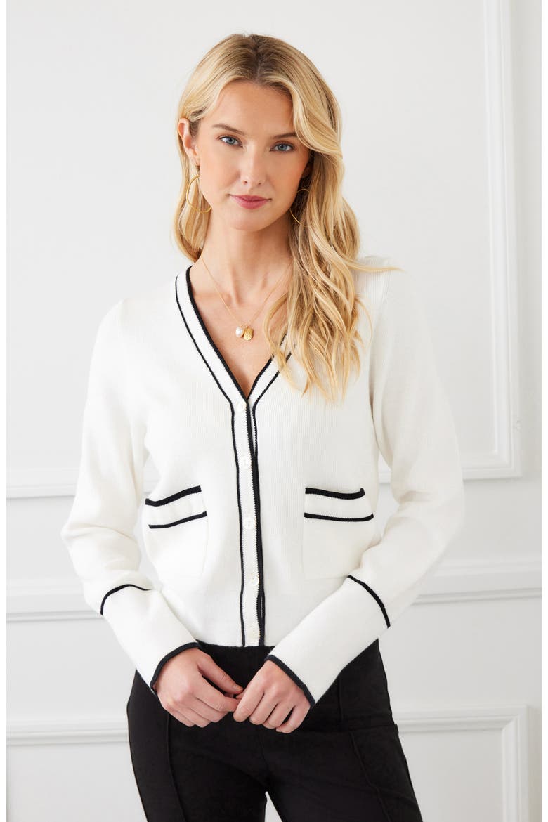 Contrast Trim Cardigan, Alternate, color, WHITE/ BLACK