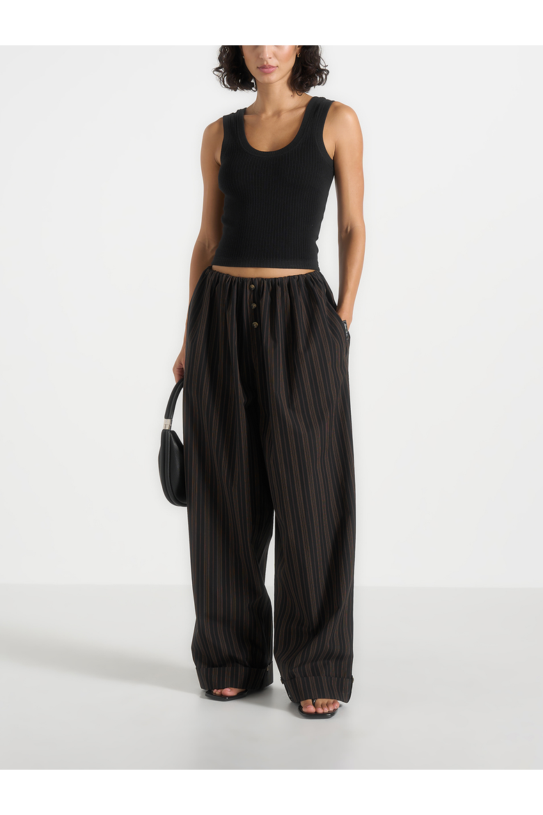 Ivanna Elasticated Wide Leg Striped Cotton Pants, Main, color, Black/Brown