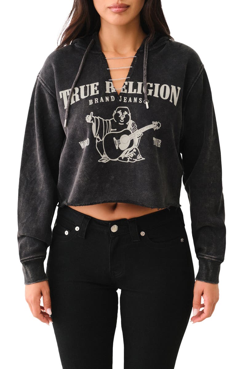 True Religion Washed Crop Hoodie, Main, color, Jet Black