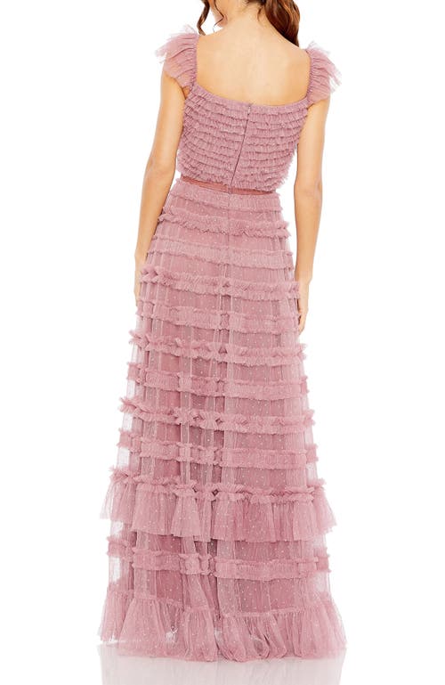 Mac Duggal Velvet Waist Ruffled Mesh Gown In Pink