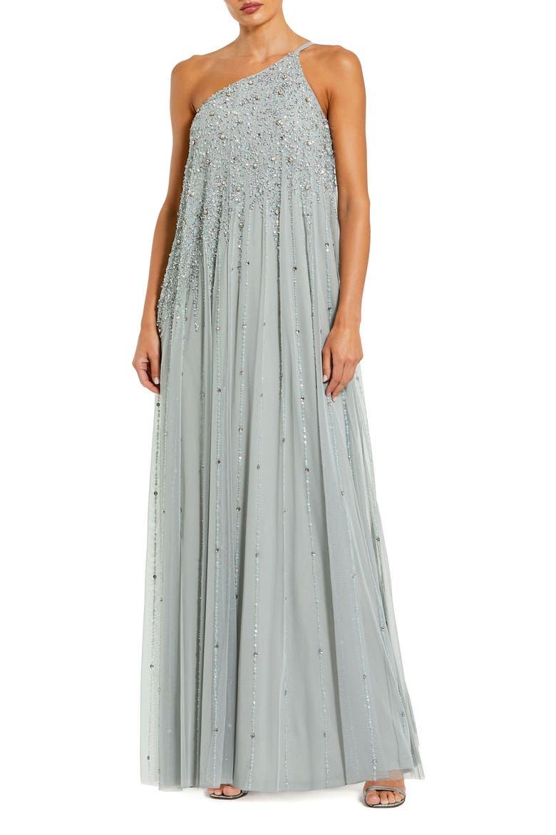 One Shoulder Embellished Trapeze A Line Gown, Main, color, Sage