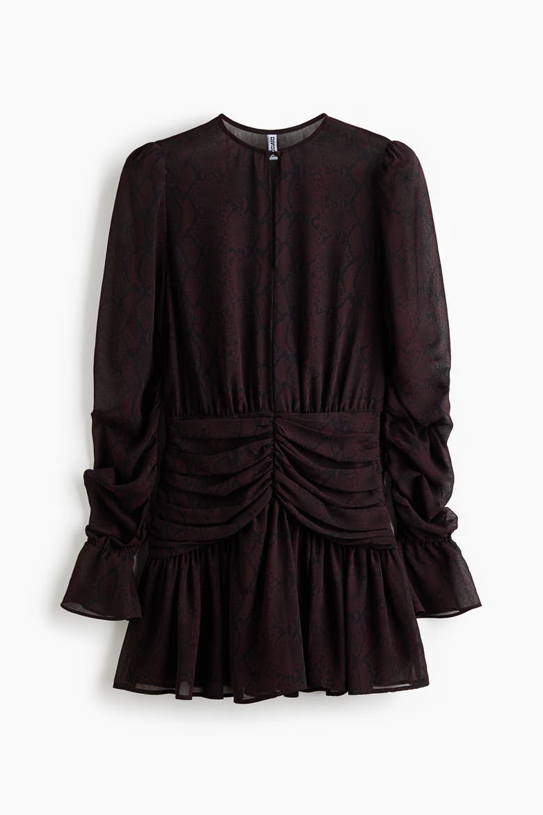 Ruched Chiffon Dress, Main, color, Dark brown/patterned
