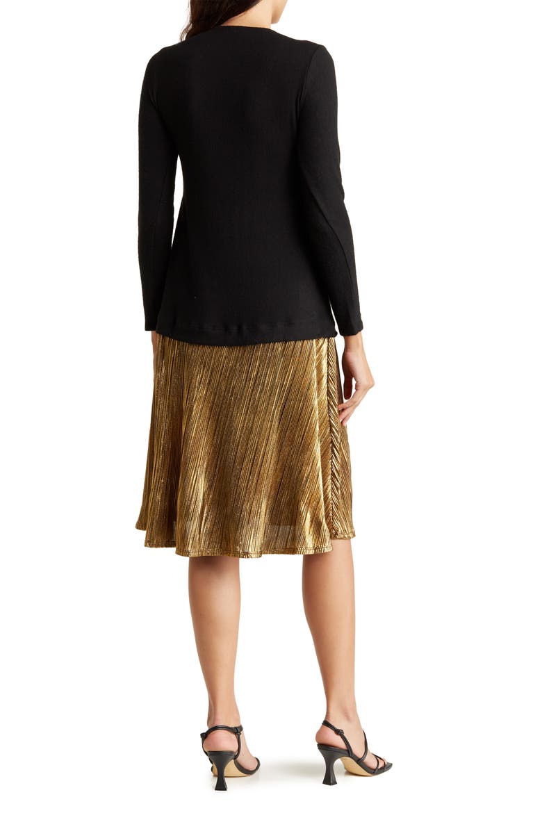 Long Sleeve Metallic Skirt Mixed Media Dress, Alternate, color, BLACK GOLD