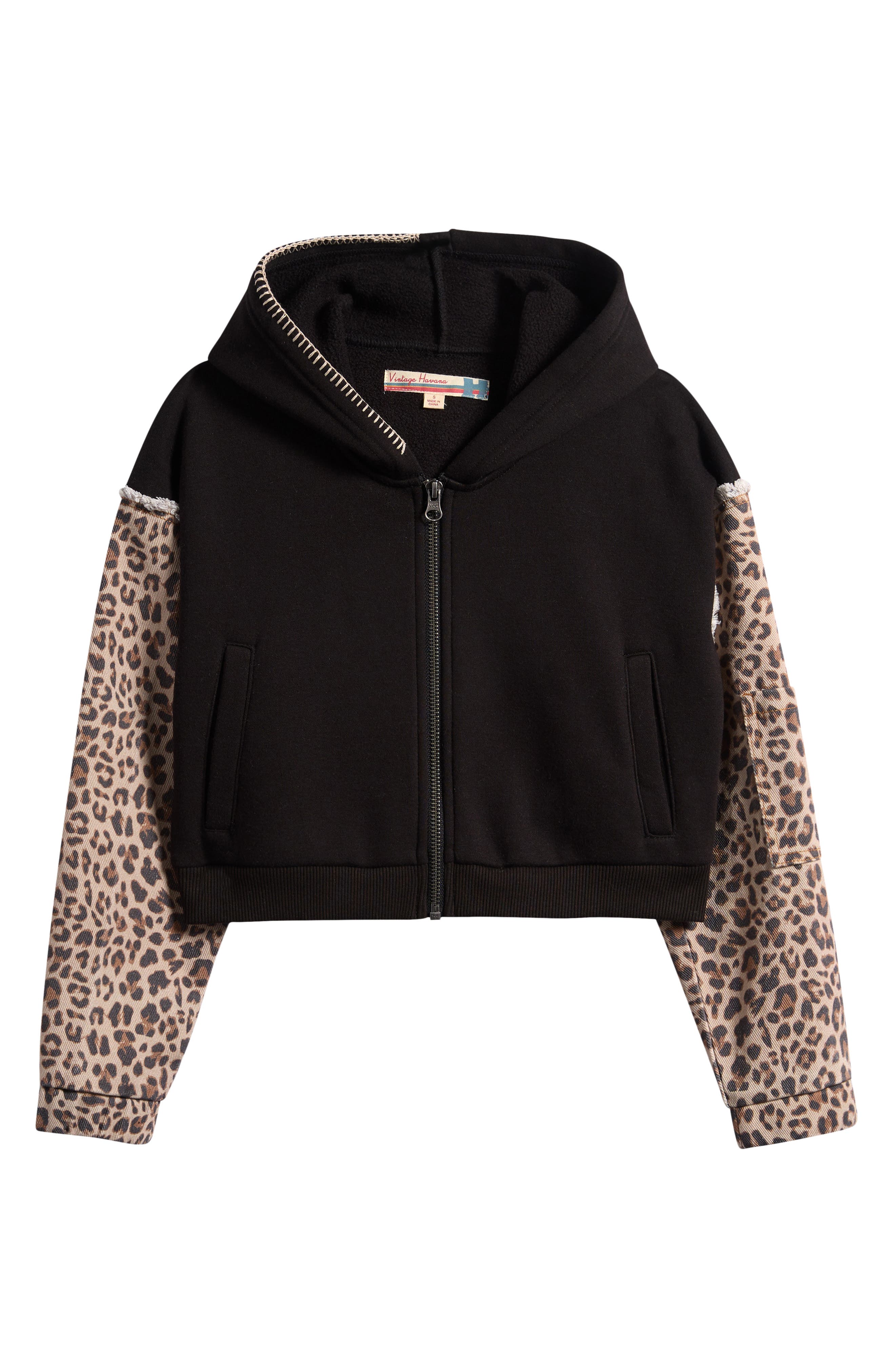 Vintage Havana Kids' Leopard Print Sleeve Crop Zip Hoodie
