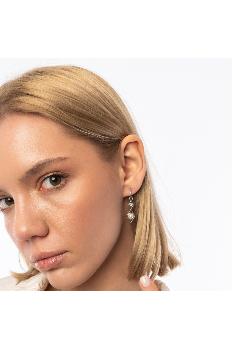 Sterling Silver Rhombus 3D Pearl Earrings, Alternate, color, Silver