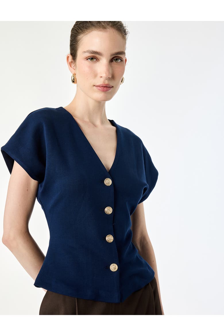 V-Neck Short Sleeve Button-Front Top, Alternate, color, NAVY STRIPE