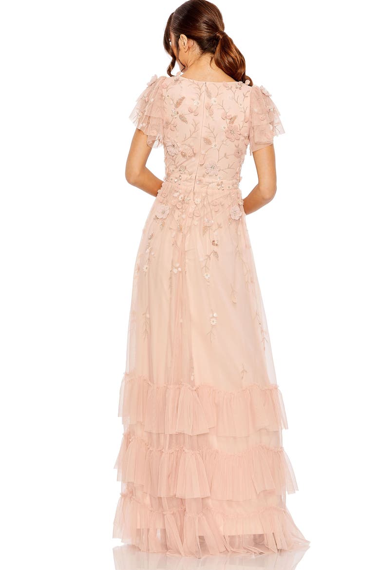 Ruffle Tiered Embellished Faux Wrap Flutter Sleeve Gown, Alternate, color, Blush