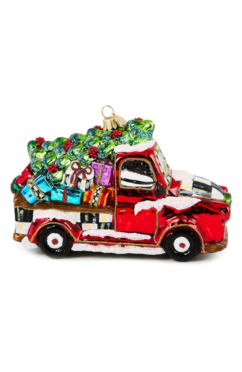 MACKENZIE CHILDS Santa Hitting the Road Glass Ornament, Alternate, color, Red
