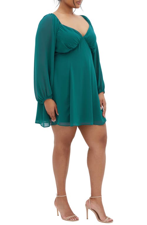 City Chic Flirty Flounce Long Sleeve Minidress In Deep Teal