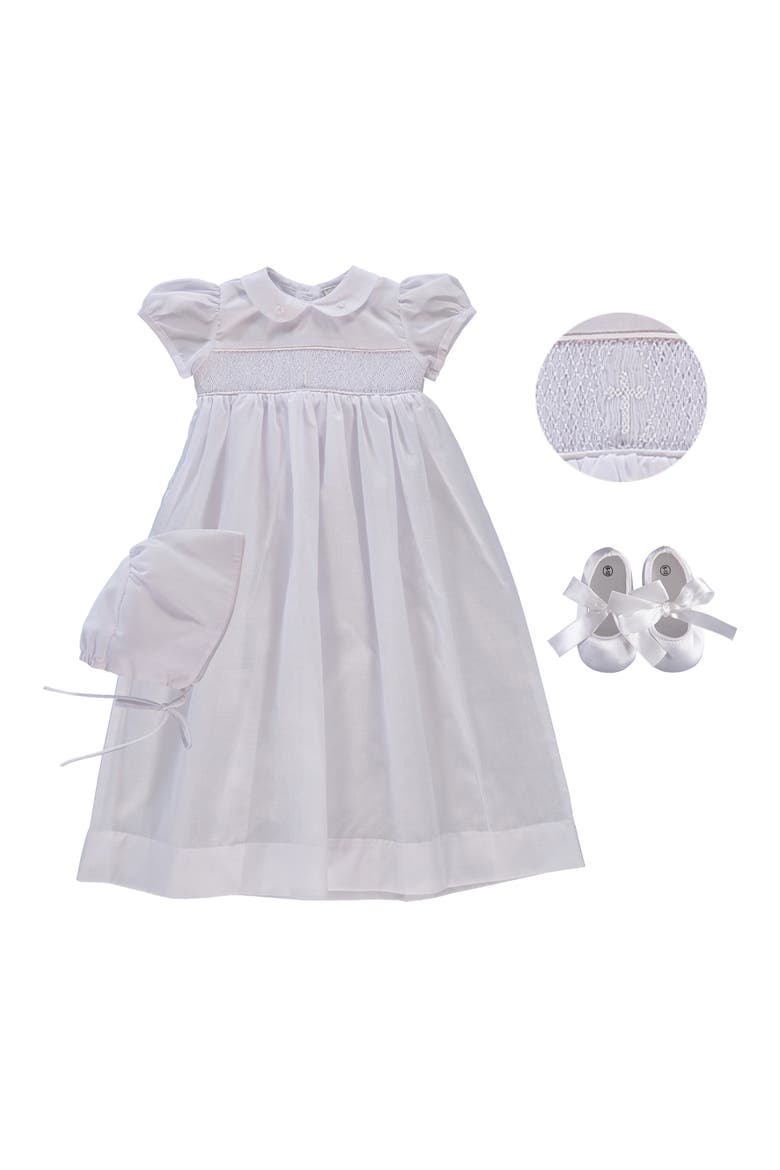 Smocked Inset Christening Gown, Bonnet & Booties Set, Main, color, WHITE
