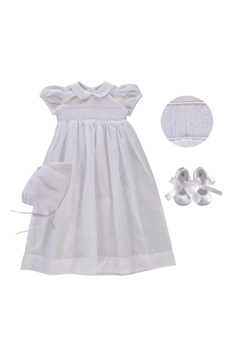 Carriage Boutique Smocked Inset Christening Gown, Bonnet & Booties Set, Main, color, 