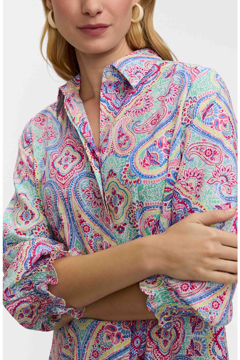 Olivia Paisley Smocked Cuff Linen Blend Button-Up Shirt, Alternate, color, GREEN/ MULTI