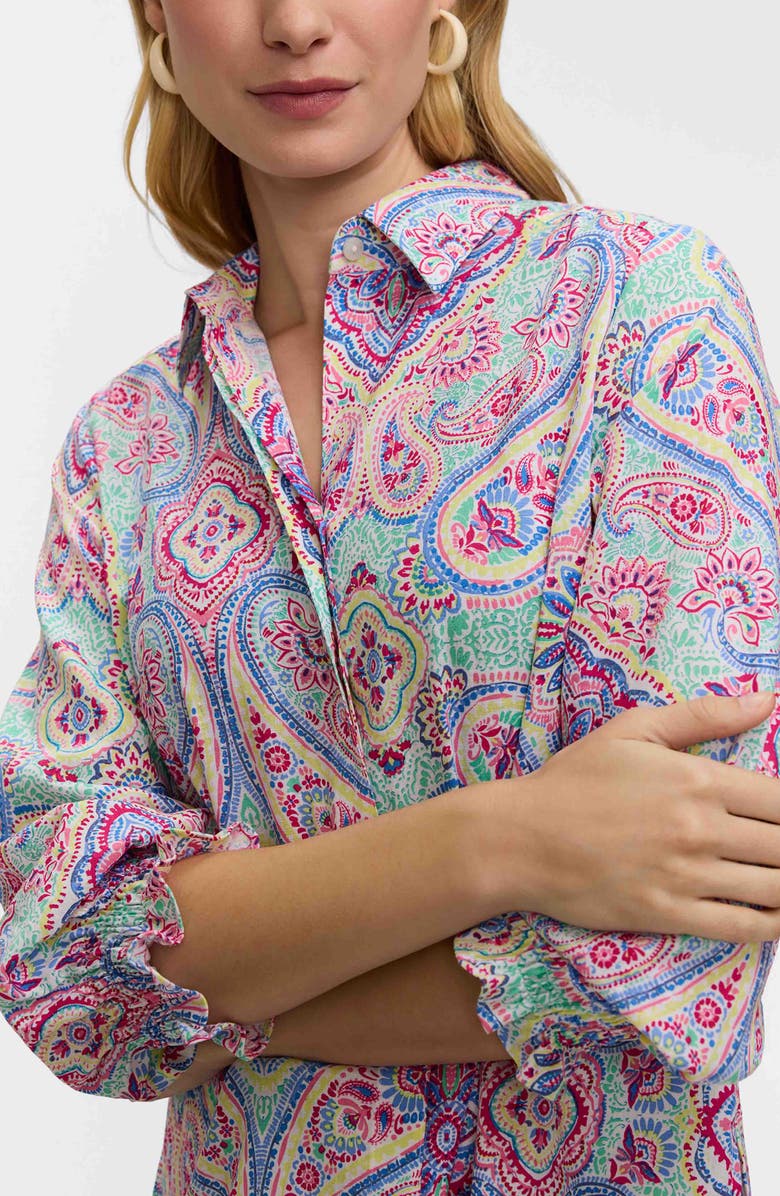 Foxcroft Olivia Paisley Smocked Cuff Linen Blend Button-Up Shirt, Alternate, color, Green/ Multi