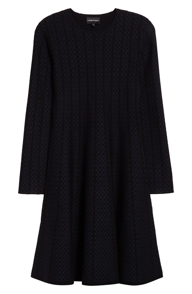 Emporio Armani Geo Jacquard Stripe Long Sleeve Fit & Flare Jersey Dress, Alternate, color, Solid Black