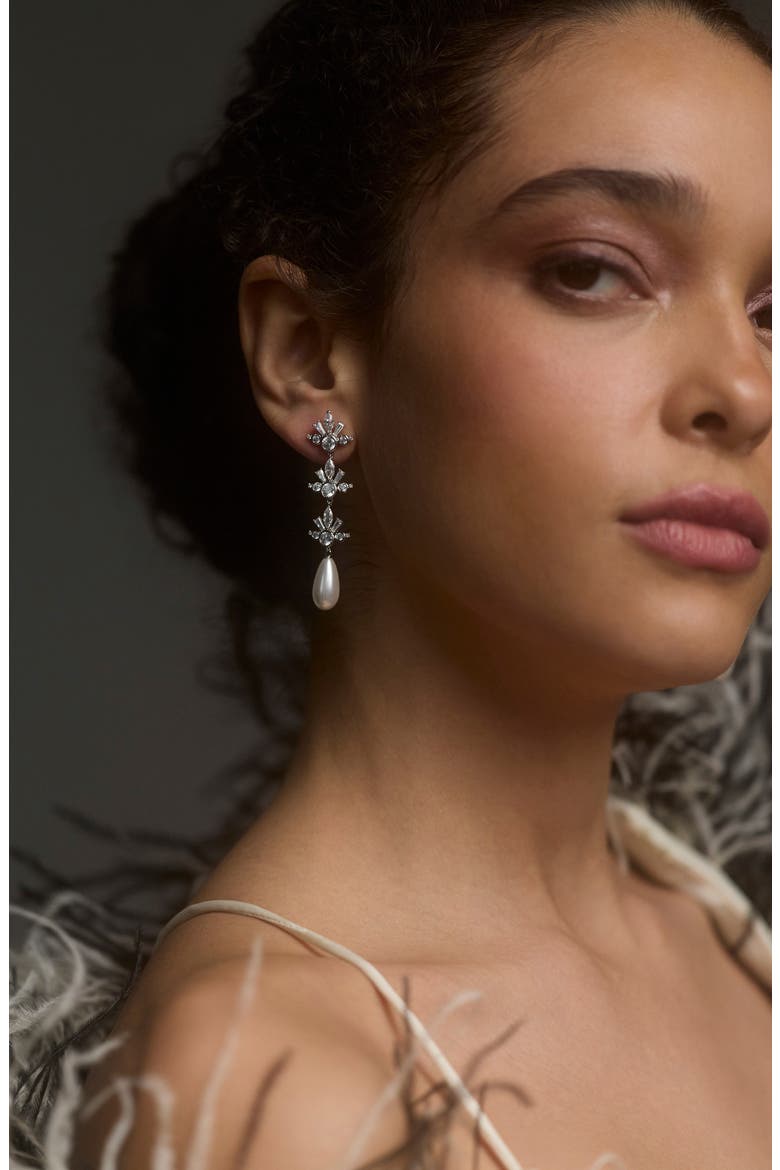 Imitation Pearl Triple Drop Earrings, Alternate, color, RHODIUM