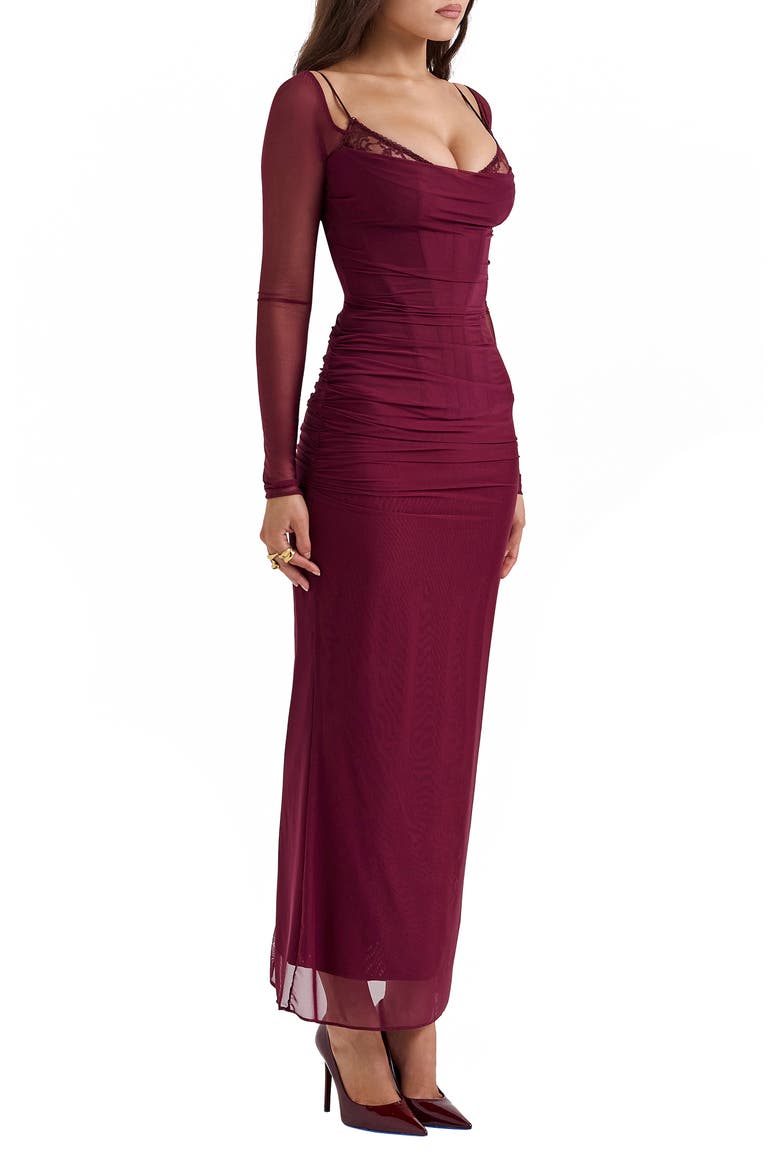 Katrina Lace Mesh Long Sleeve Gown, Alternate, color, WINDSOR WINE
