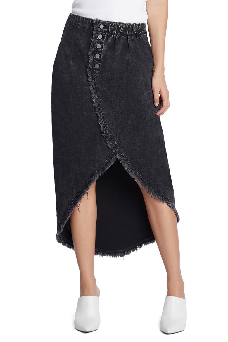 Button Front Denim Faux Wrap Skirt, Main, color, SHADY BLACK