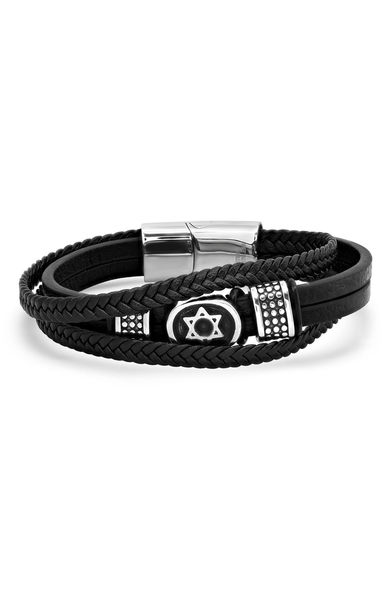 HMY JEWELRY Men's Stainless Steel Star of David Layered Leather Bracelet