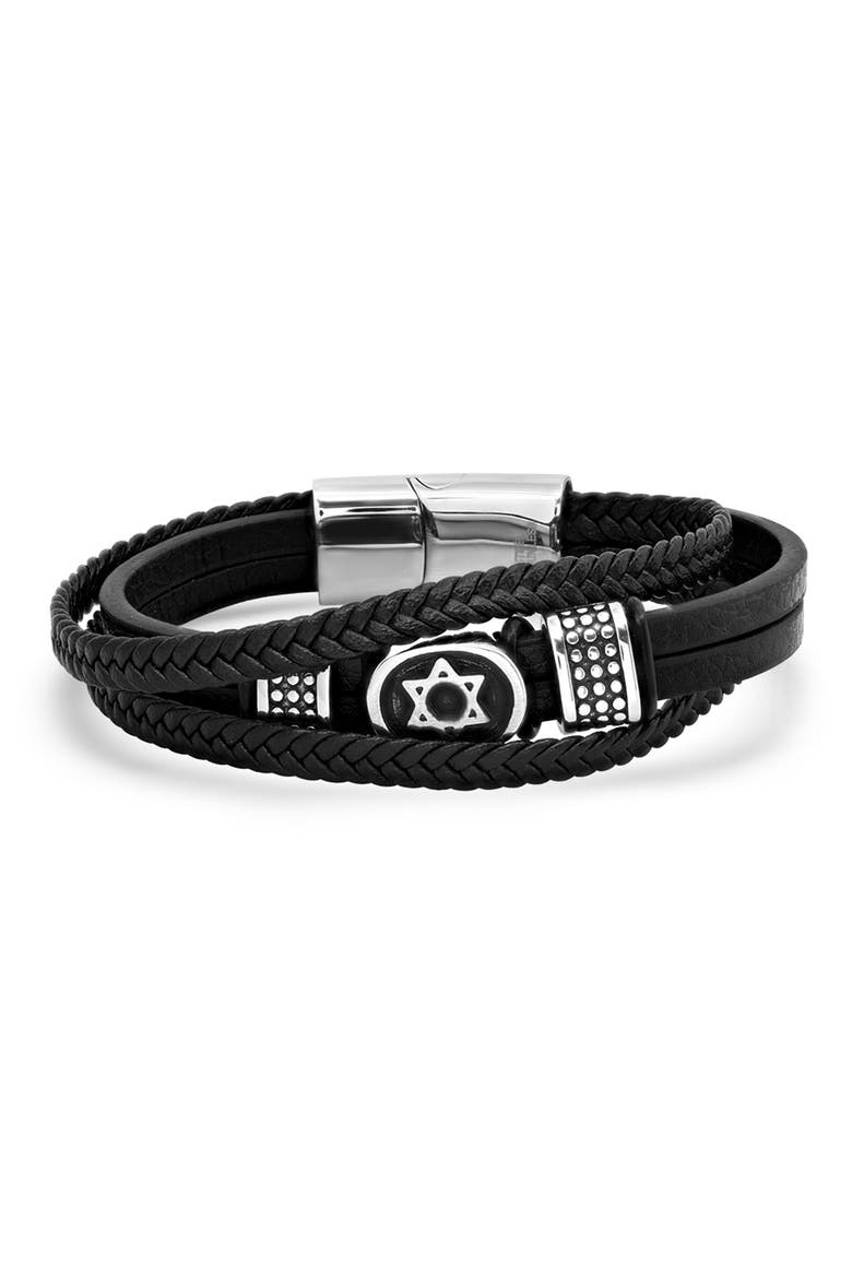 Men's Stainless Steel Star of David Layered Leather Bracelet, Main, color, BLACK-METALLIC