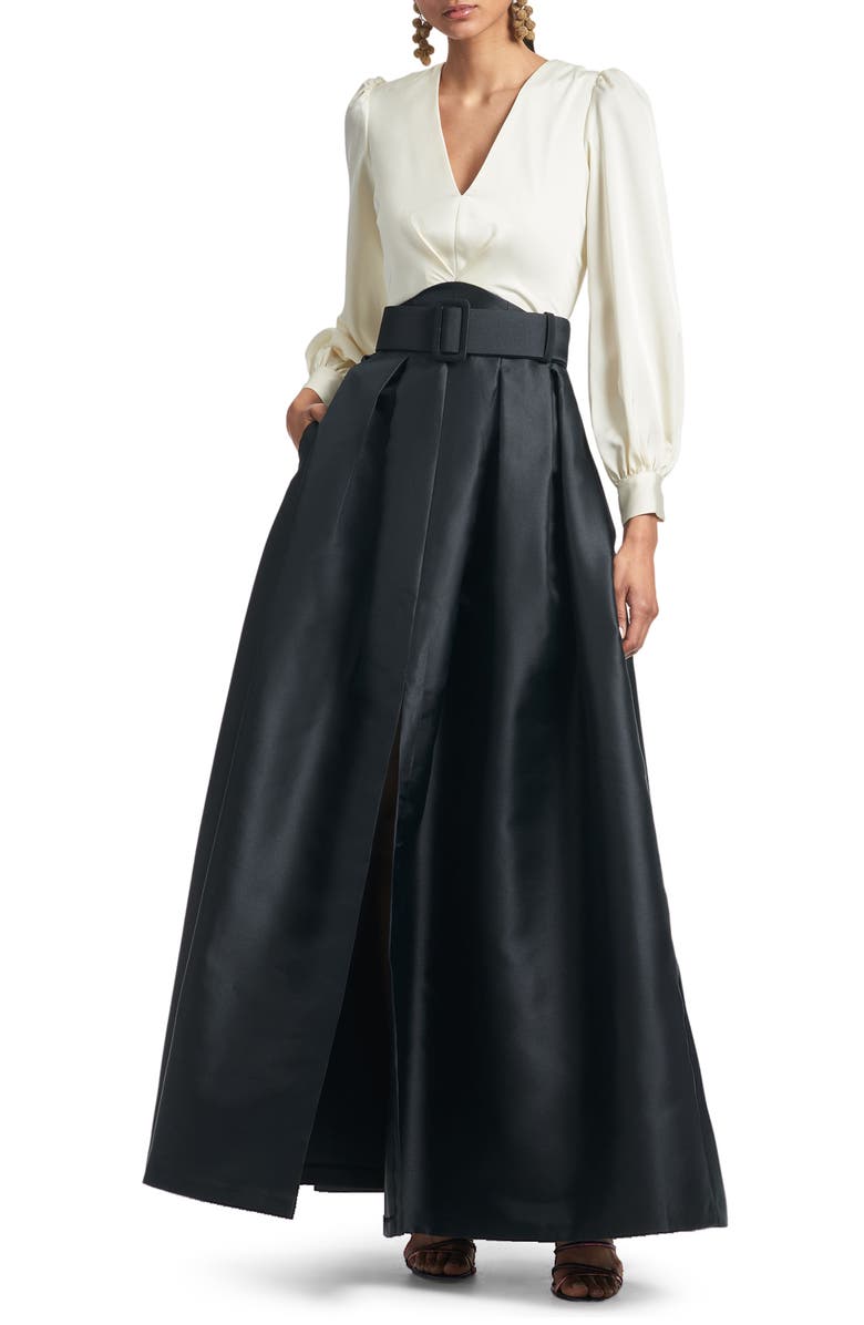 Sachin & Babi Zoe Long Sleeve Mikado Gown, Main, color, Ivory Jet