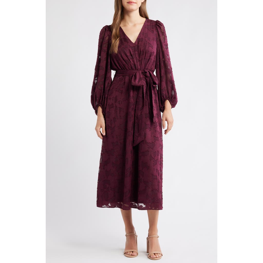 Anne Klein Floral Appliqué Long Sleeve Dress In Burgundy