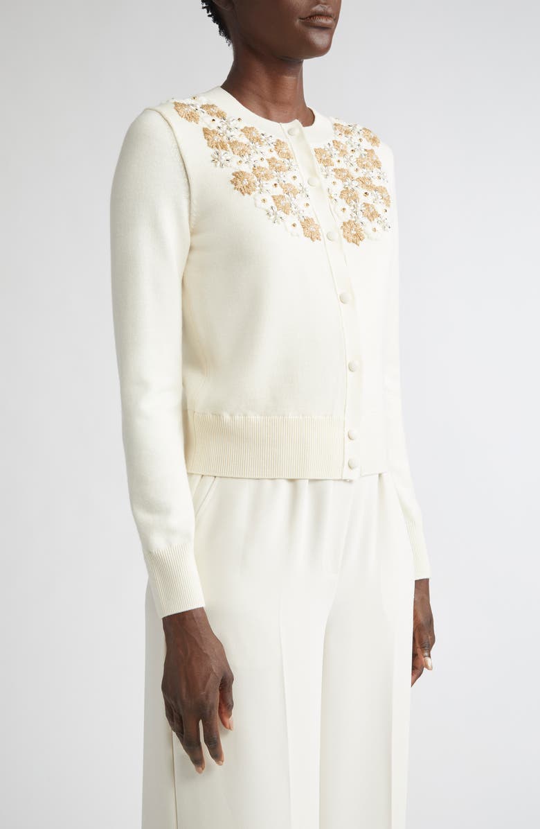 ST. JOHN Beaded & Embroidered Floral Wool Blend Cardigan, Alternate, color, Ecru