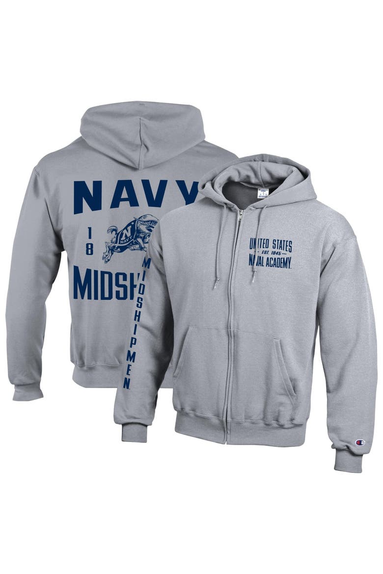 Men's Champion  Heather Gray Navy Midshipmen Varsity Powerblend Full-Zip Fleece Hoodie, Main, color, Heather Gray