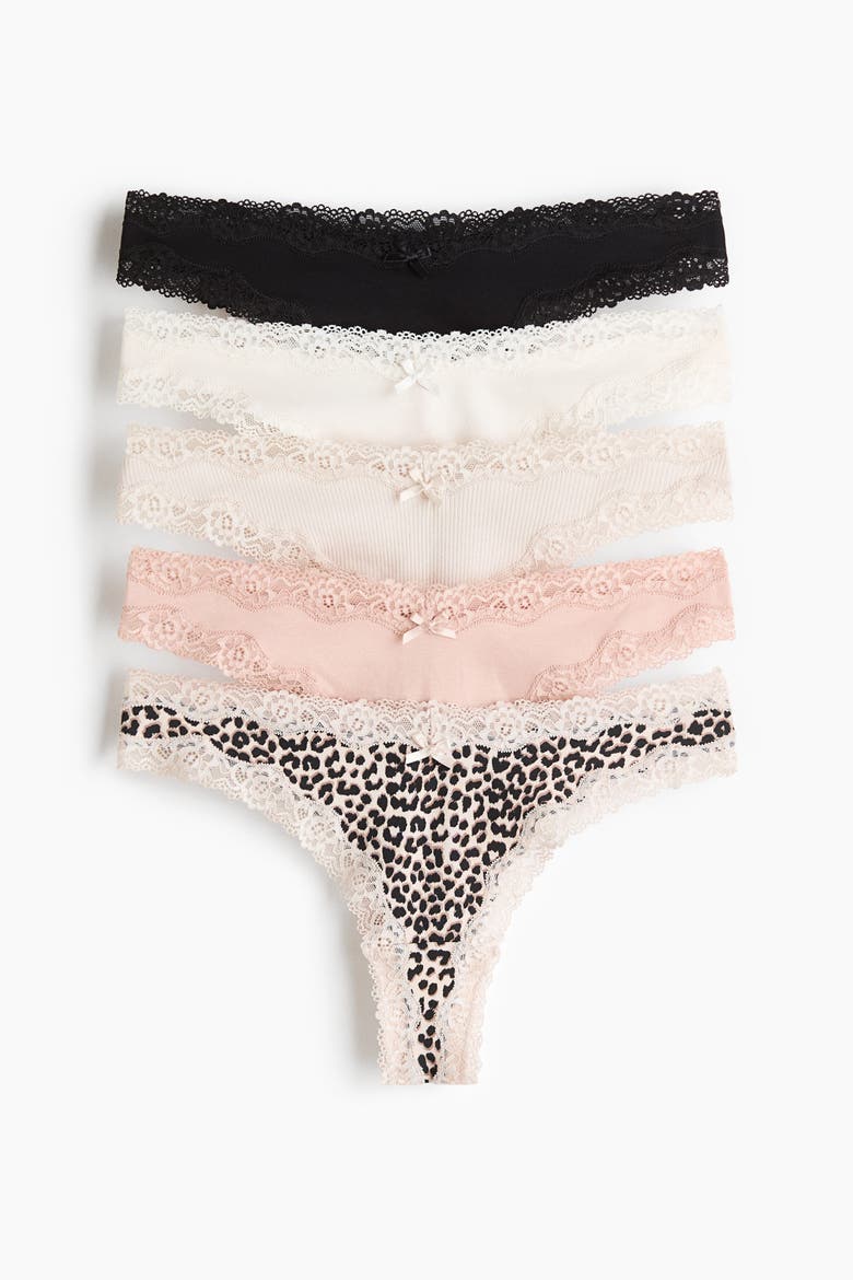 5-pack cotton and lace brazilian briefs, Main, color, Light beige/leopard print