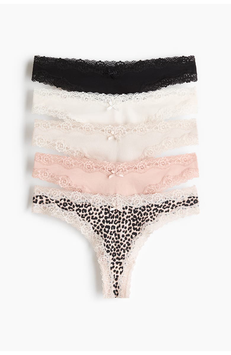 H&M 5-pack cotton and lace brazilian briefs, Main, color, Light Beige/Leopard Print