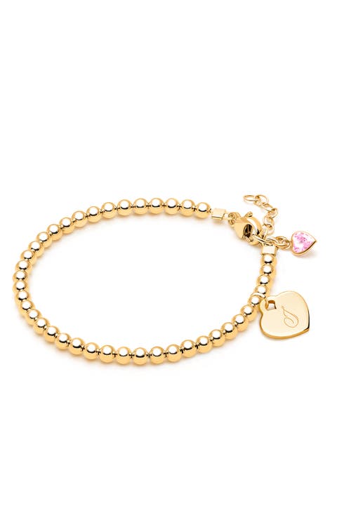 14K Gold 3mm Beads & Engraved Initial 5.25" Bracelet
