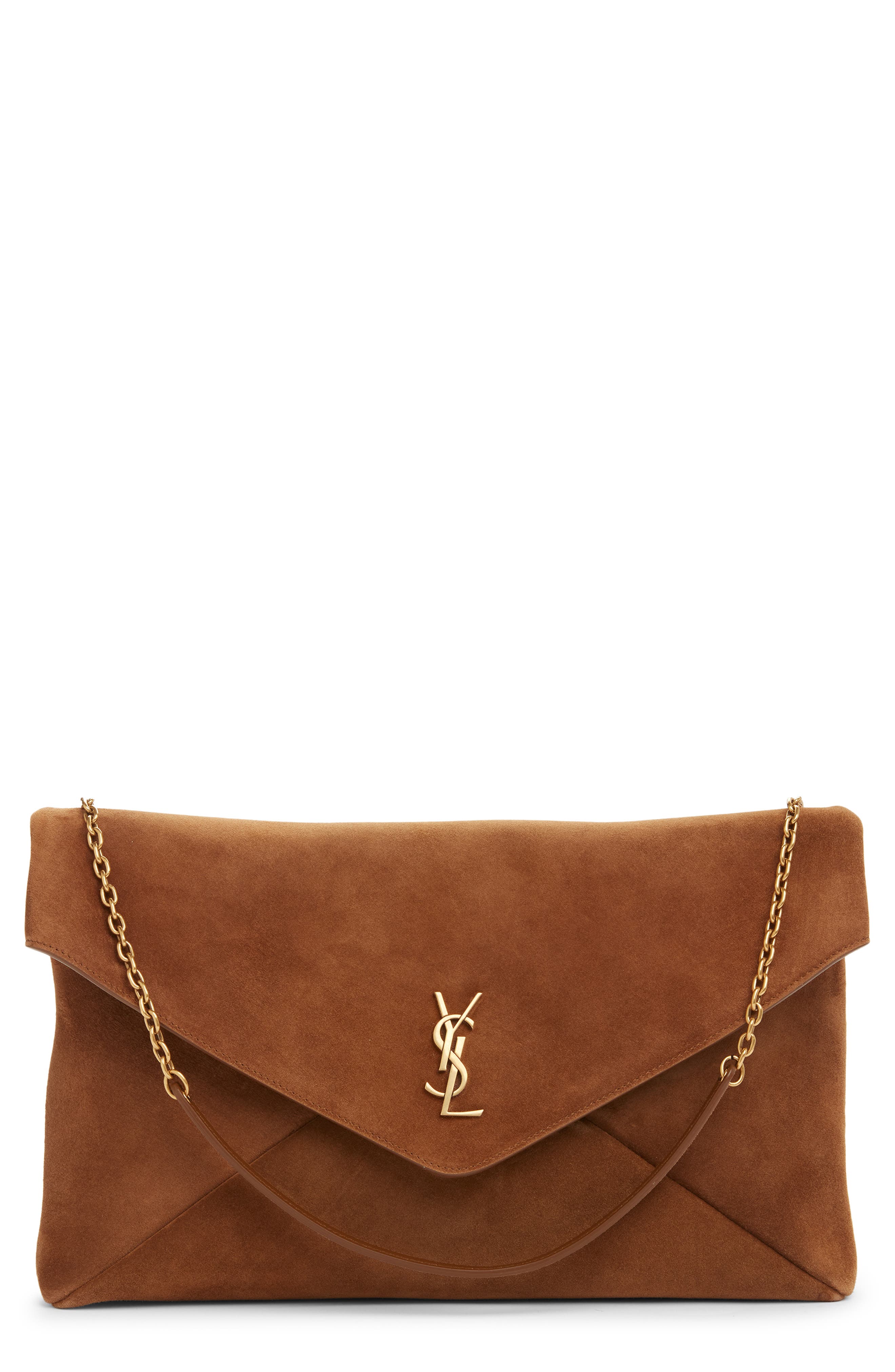 Saint Laurent Extra Large Cassandre Suede Pouch on a Chain, Main, color, Caramel Cognac