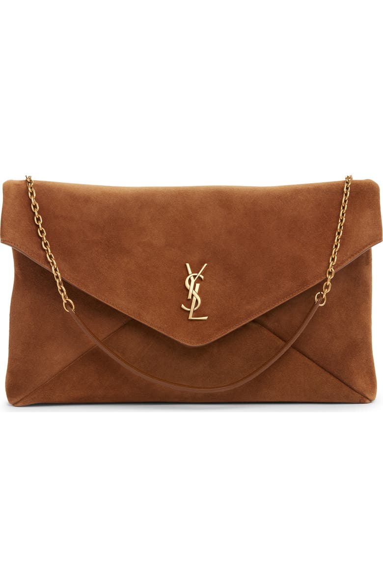 Saint Laurent Extra Large Cassandre Suede Pouch on a Chain, Main, color, Caramel Cognac