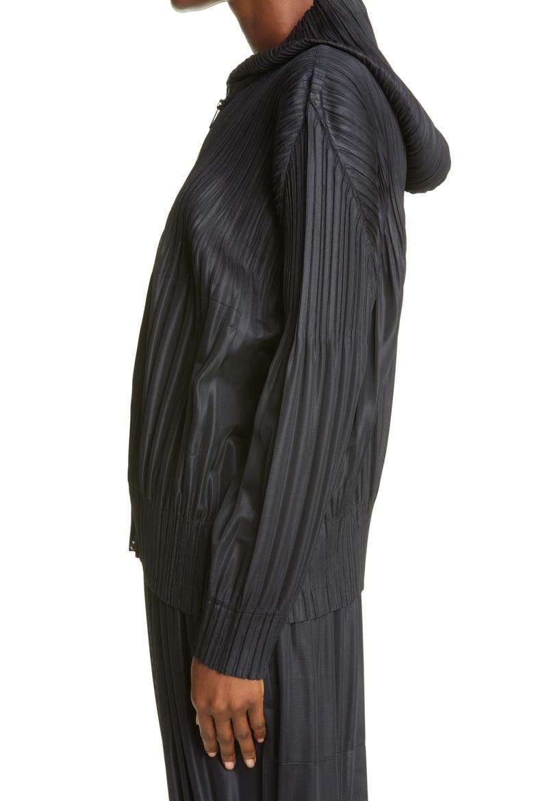 Pleated Zip Front Hoodie, Alternate, color, BLACK