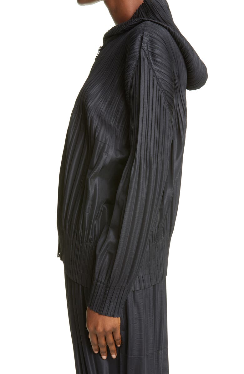 Pleats Please Issey Miyake Pleated Zip Front Hoodie, Alternate, color, Black
