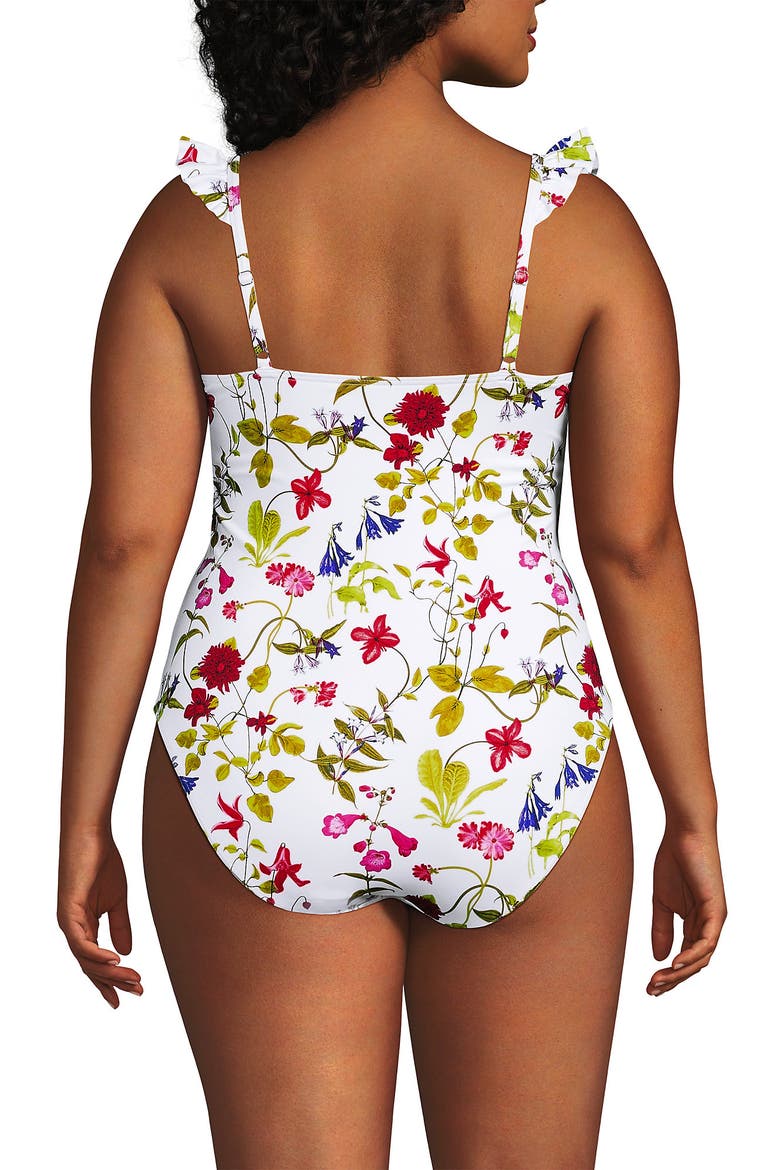 Plus Size Balconette Ruffle High Leg One Piece Swimsuit, Alternate, color, White Multi Garden Floral